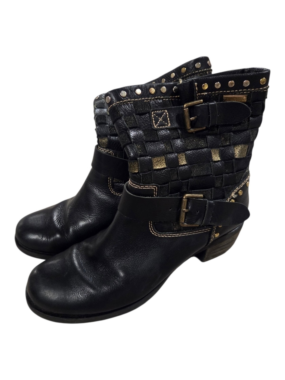 PIKOLINOS Black Woven Studded Ankle Boots with Gold Accents